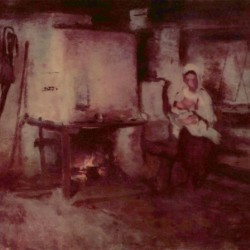 Mother and baby near the fire in kitchen